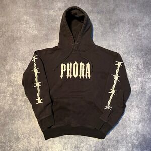 Barbed Wire Graphic Hoodie Black Streetwear Size L PHORA Distressed